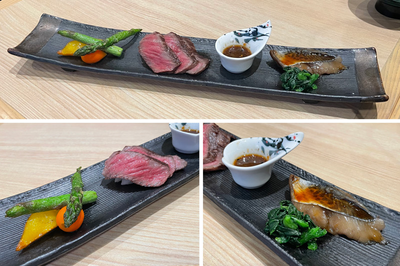 焼物:黒毛和牛のステーキと鰆の照り焼き