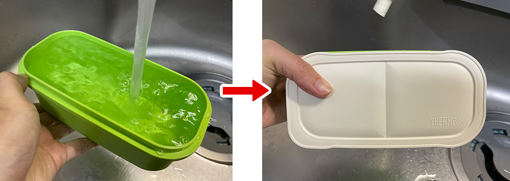 お弁当箱が汁漏れしないか水道水で実験