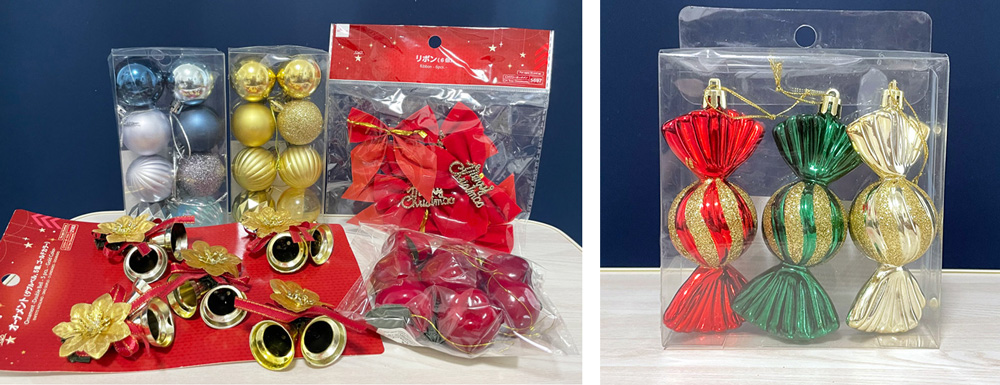 ダイソーのオーナメント(キャンディ、リボン、ボール、りんご、ベル)