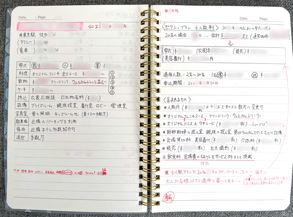 式場のプラン詳細や特典をまとめたノート