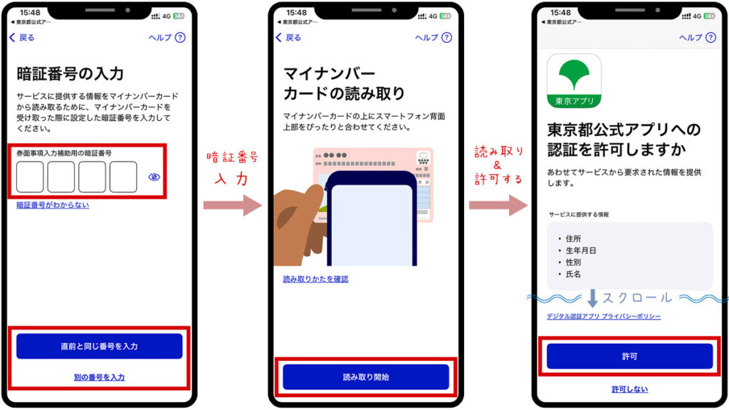 『券面事項入力補助用の暗証番号入力』と『マイナンバーカード読み取り』と『認証の許可』